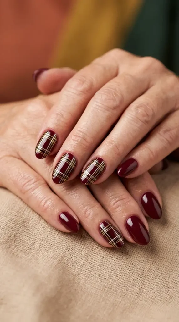 Burgundy Plaid Oval Nails