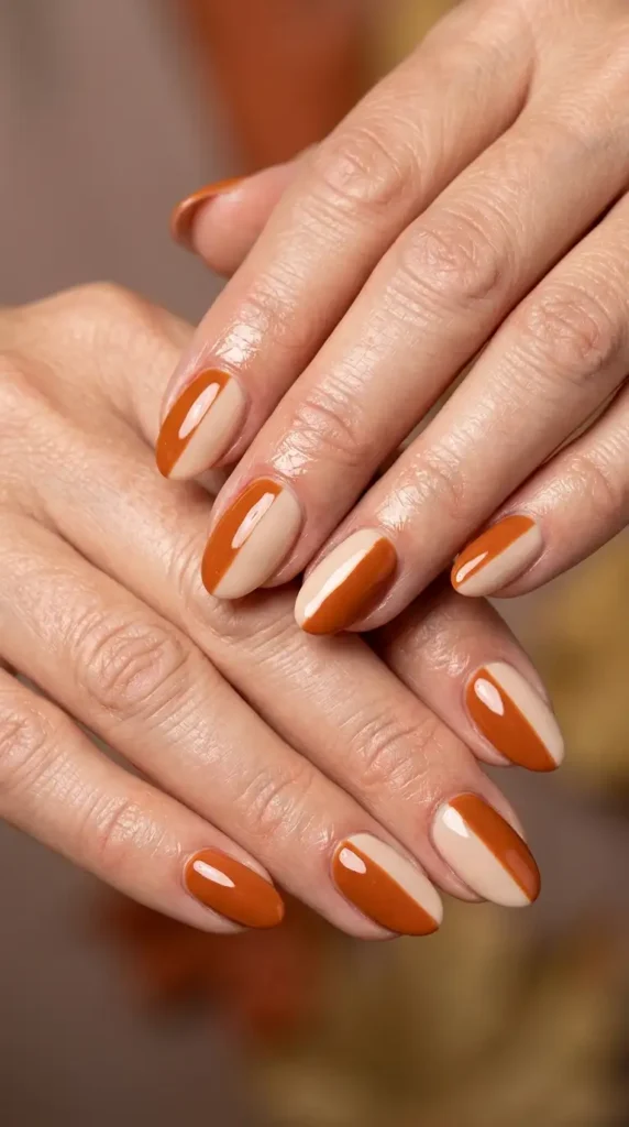 Burnt Orange and Nude Color-Block Oval Nails