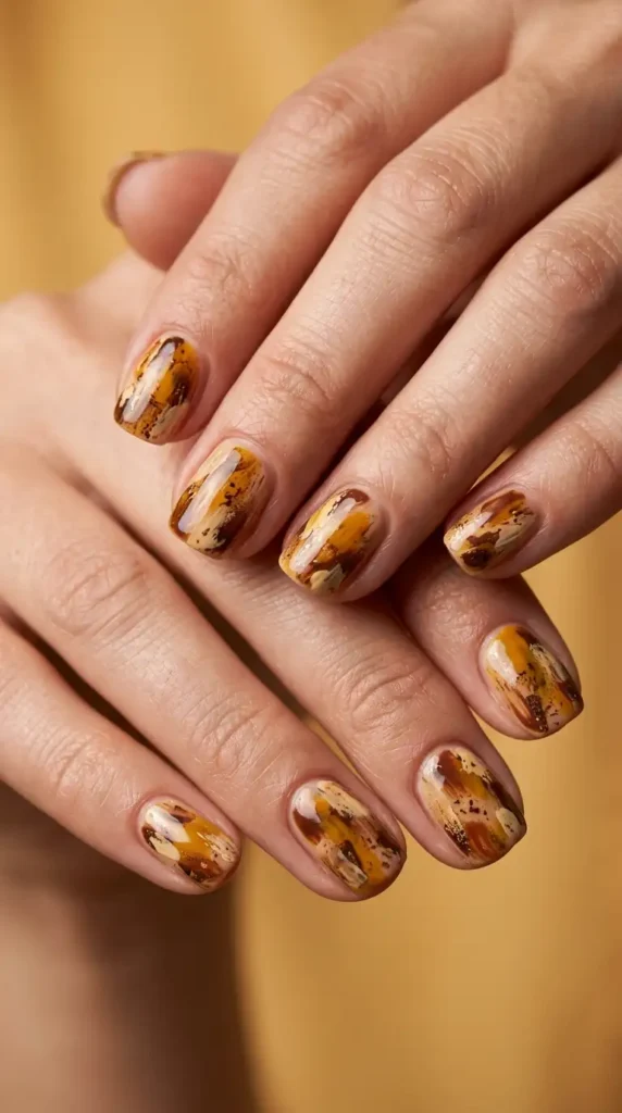 Burnt Yellow and Brown Abstract Nails