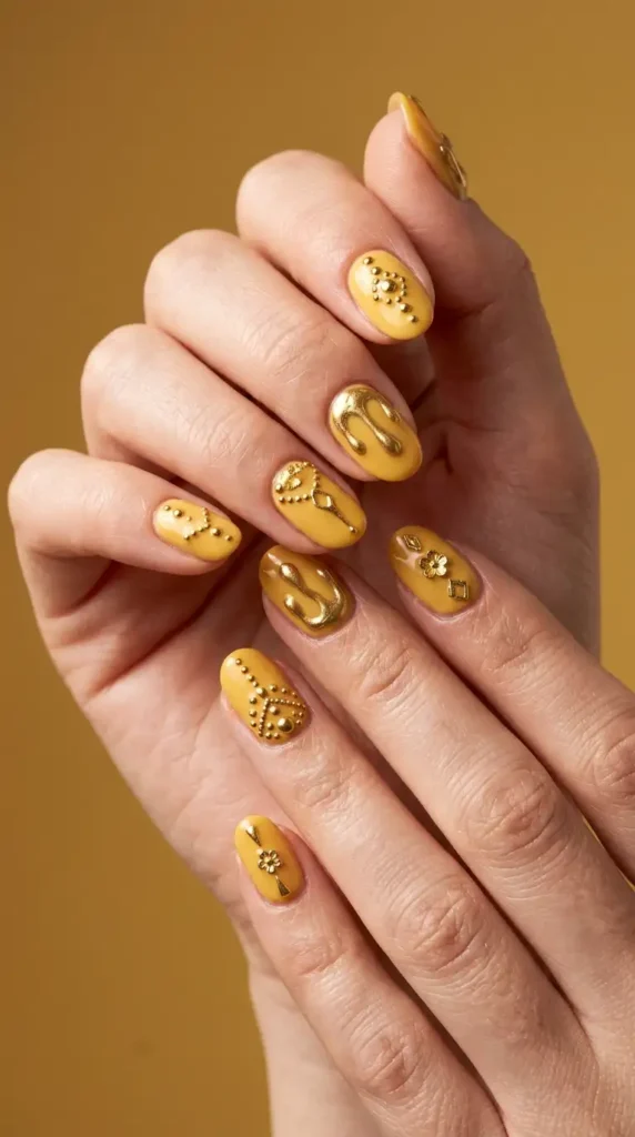 Butter Yellow and Gold 3D Embellished Nails