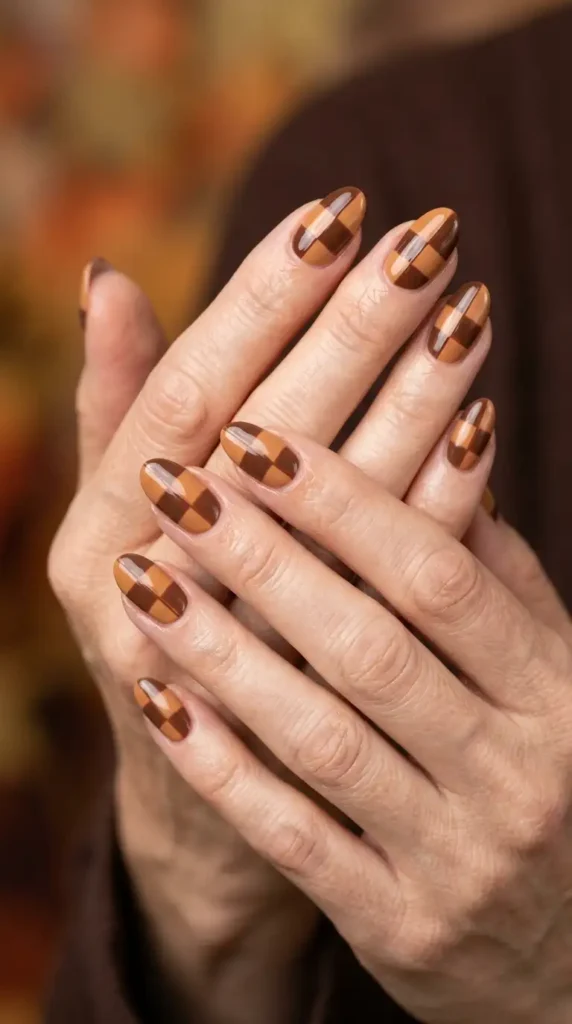 Caramel and Chocolate Checkerboard Oval Nails