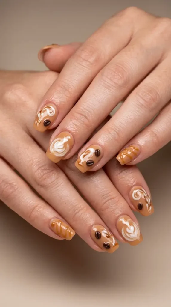 Caramel Latte Nails with 3D Coffee Details