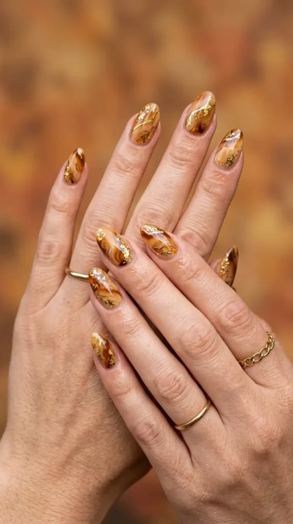Caramel Marble Nails with Gold Flecks