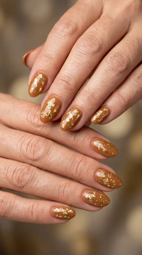 Caramel Oval Nails with Gold Foil Flecks