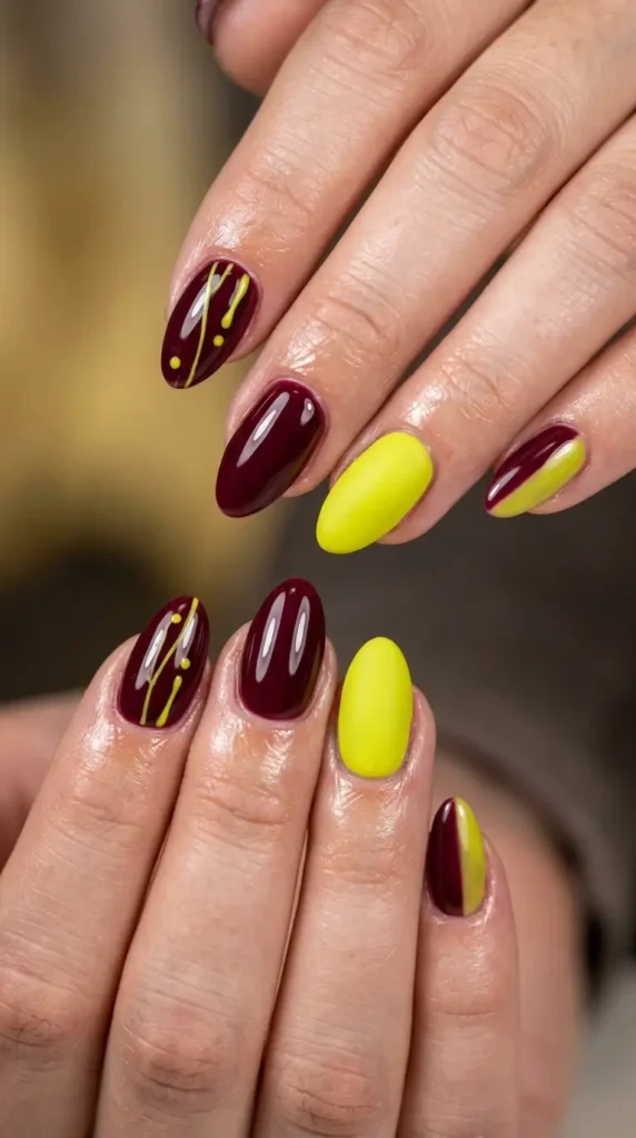 Chartreuse and Burgundy Accent Nails