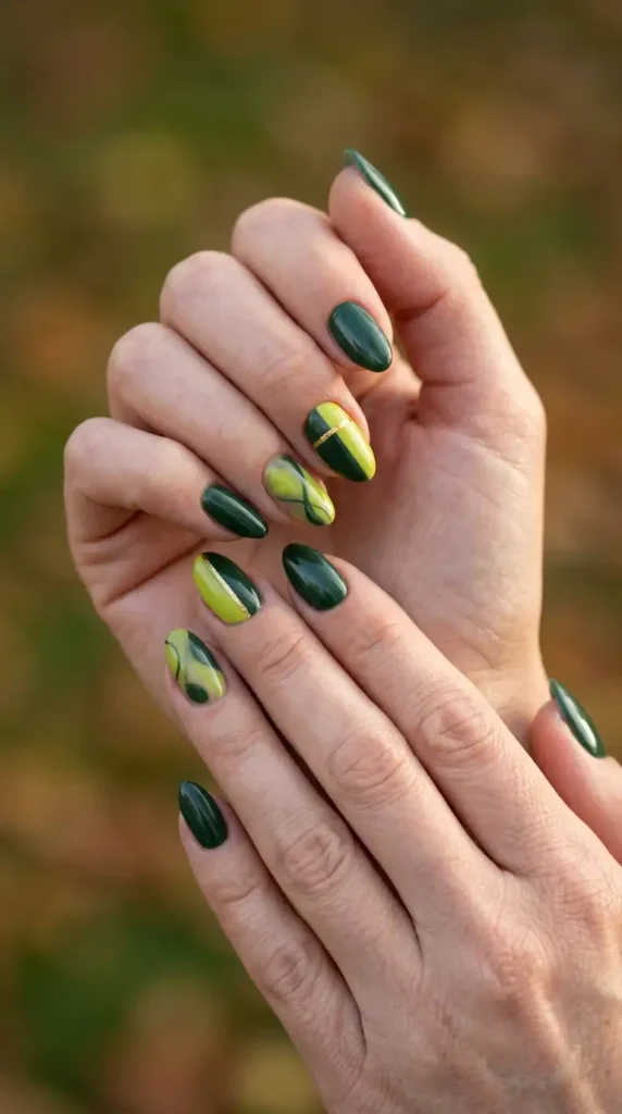 Chartreuse and Forest Green Mixed Nails