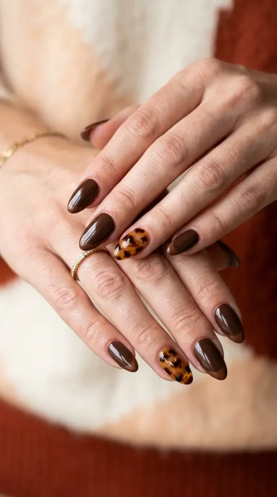 Chocolate Brown French Tips with Tortoiseshell Accents