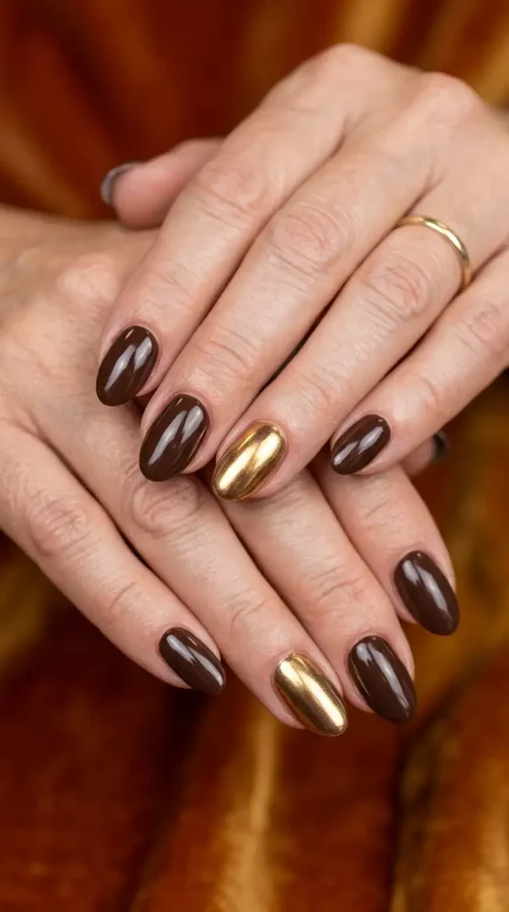 Chocolate Brown Oval Nails with Gold Chrome Accents