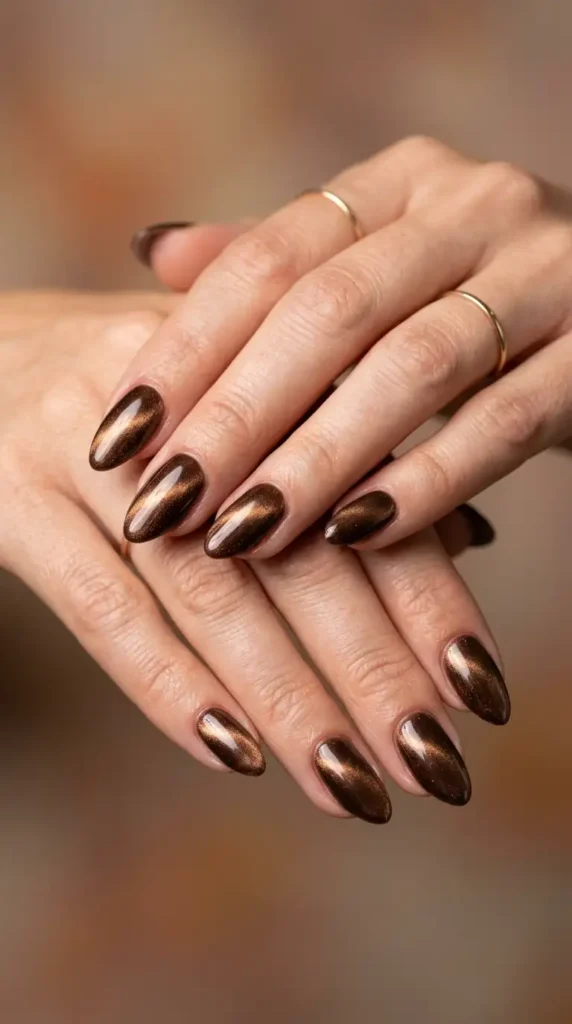 Chocolate Cat-Eye Chrome Nails