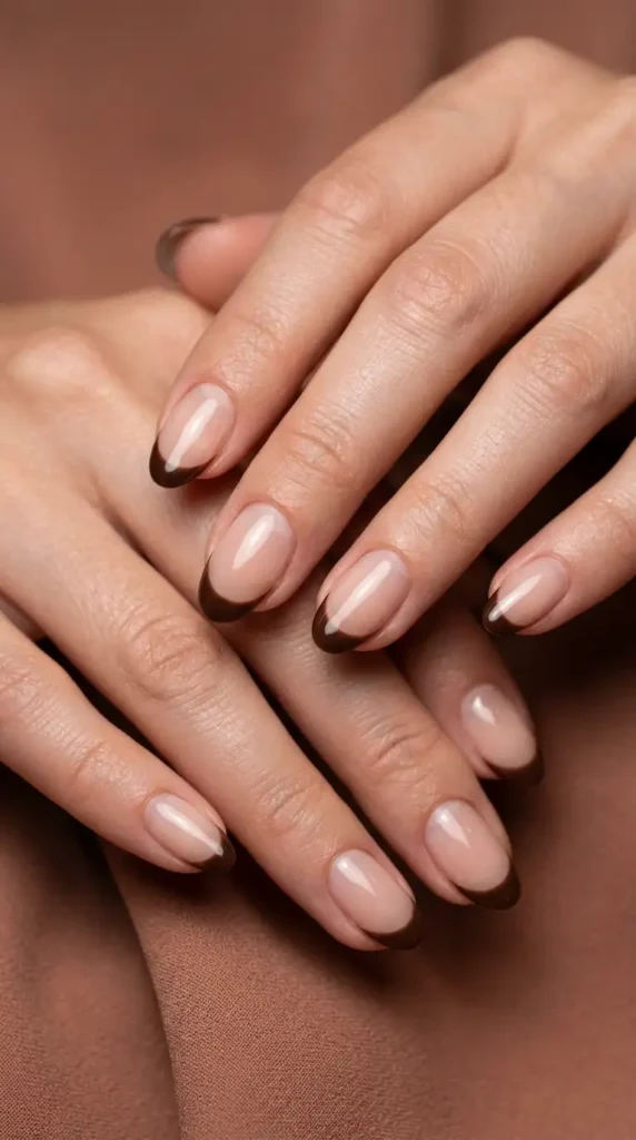 Chocolate French Tips on Sheer Nude Oval Nails