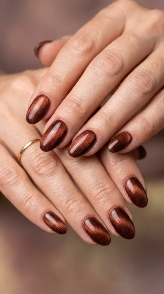 Cinnamon Brown Oval Nails with Velvet Effect