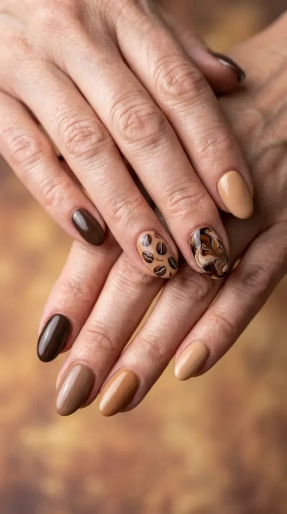 Coffee Bean-Inspired Oval Nail Art