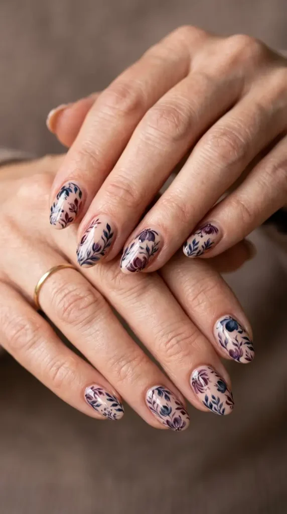 Dark Floral Oval Nails on a Nude Base