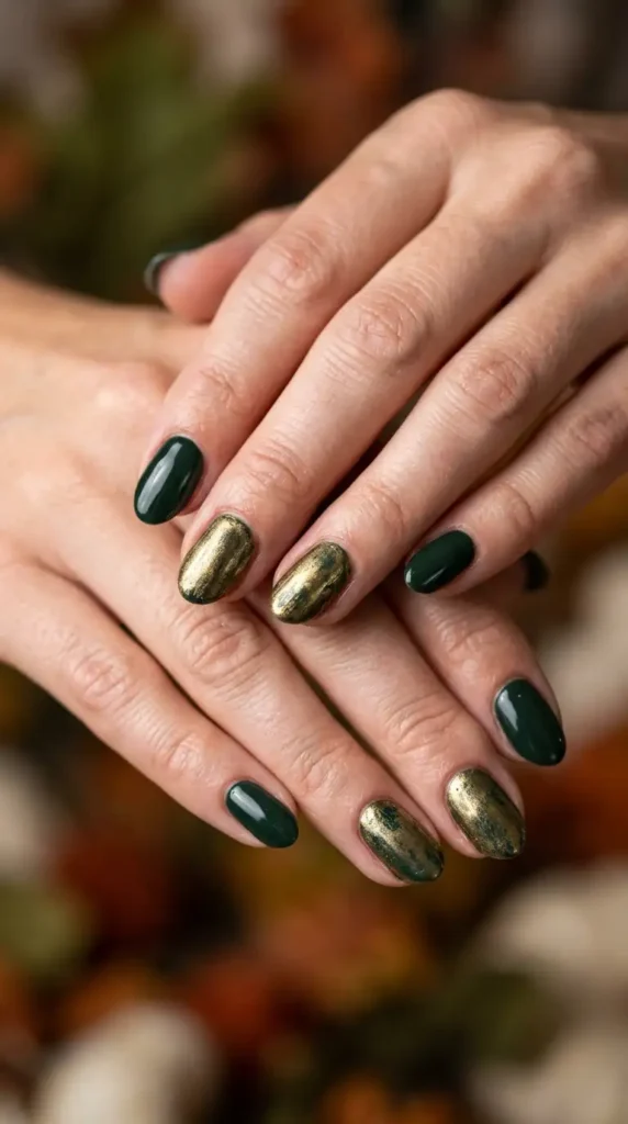 Dark Green and Antique Gold Nails