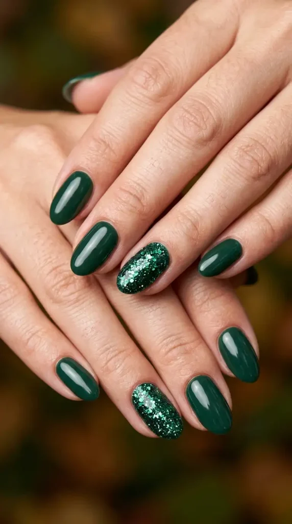 Dark Green Glitter Accent Nails