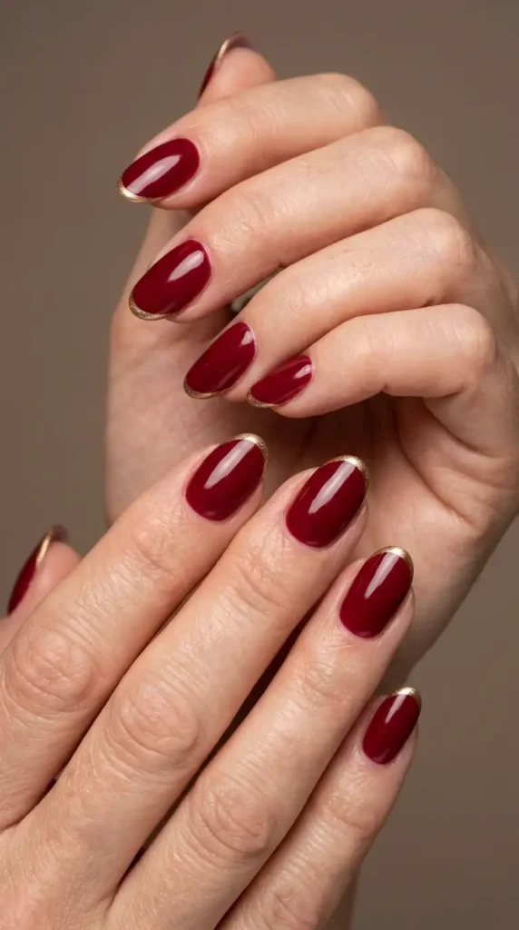 Deep Cherry Red Oval Nails with Gold Micro-French Tips