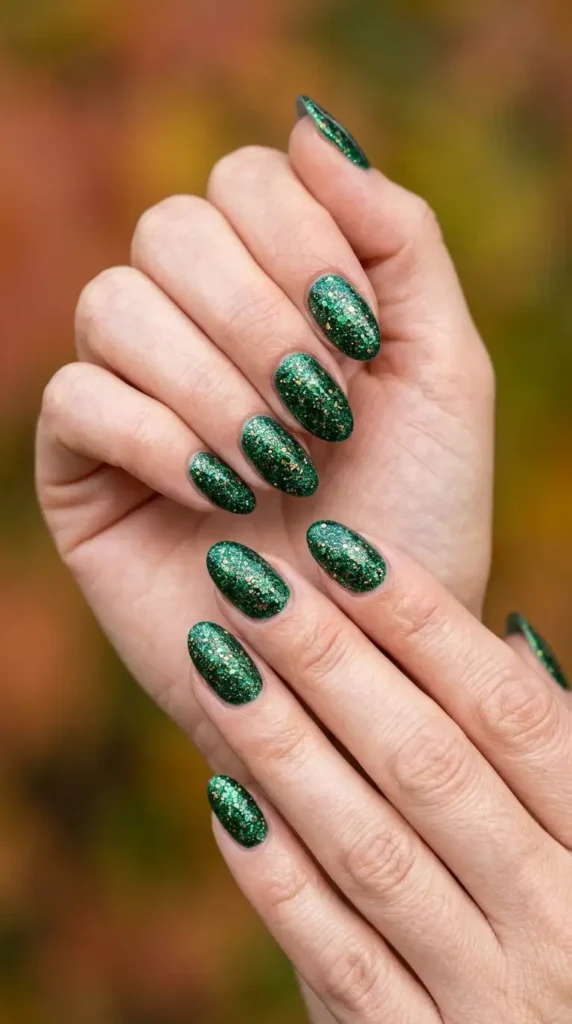 Deep Green Autumn Glitter Nails