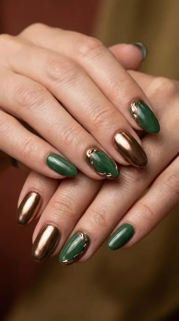 Deep Green Oval Nails with Bronze Chrome