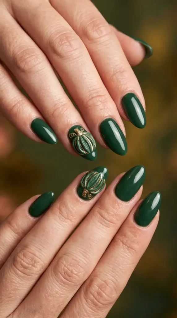 Deep Green Pumpkin Accent Nails