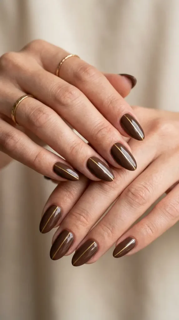 Deep Mocha Nails with Minimalist Gold Lines