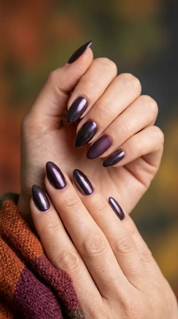 Deep Plum Chrome Almond Nails