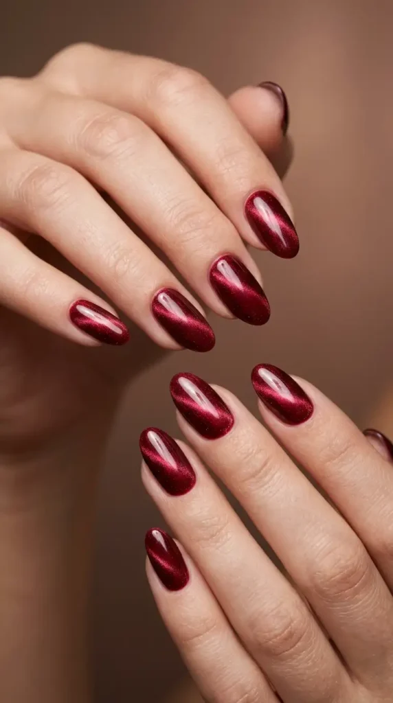Deep Red Cat-Eye Chrome Nails
