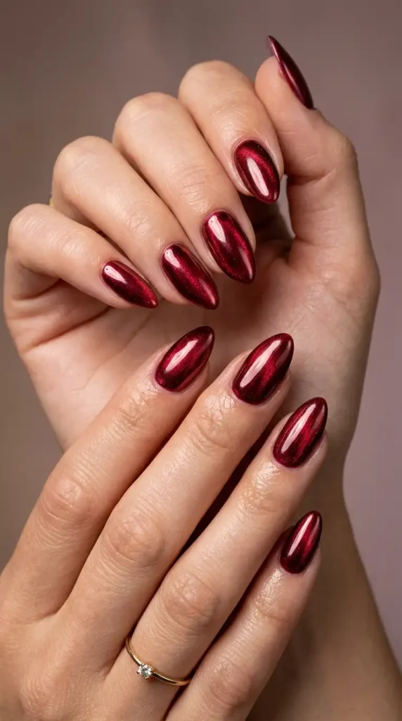 Deep Red Velvet Chrome Nails