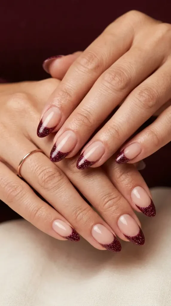 Deep Wine Glitter French Tips