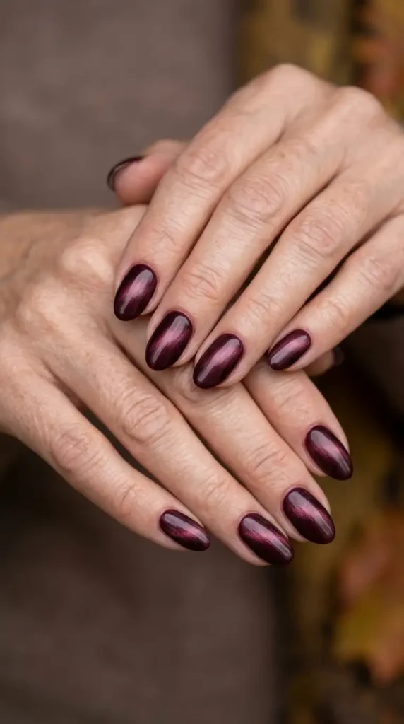 Deep Wine Oval Nails with Subtle Cat-Eye Shimmer