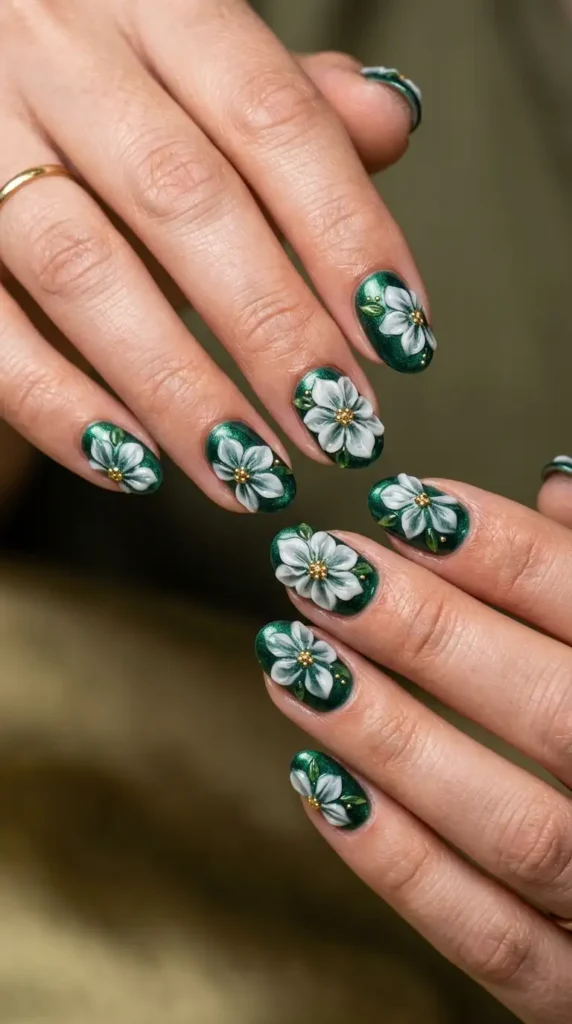 Emerald Green 3D Floral Nails