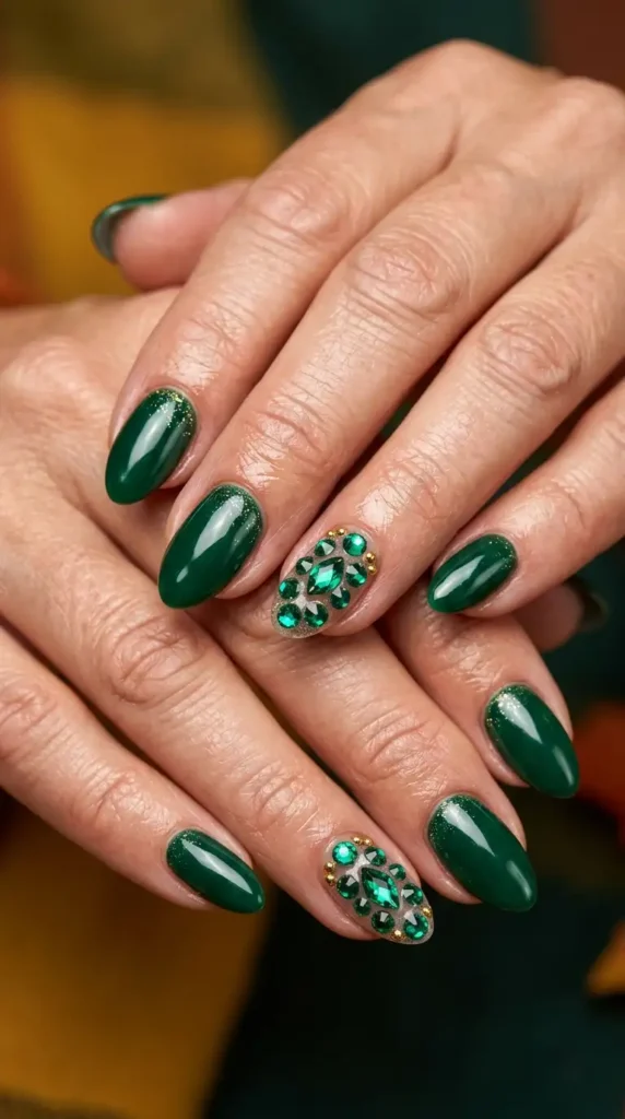 Emerald Green Jewel Accent Nails