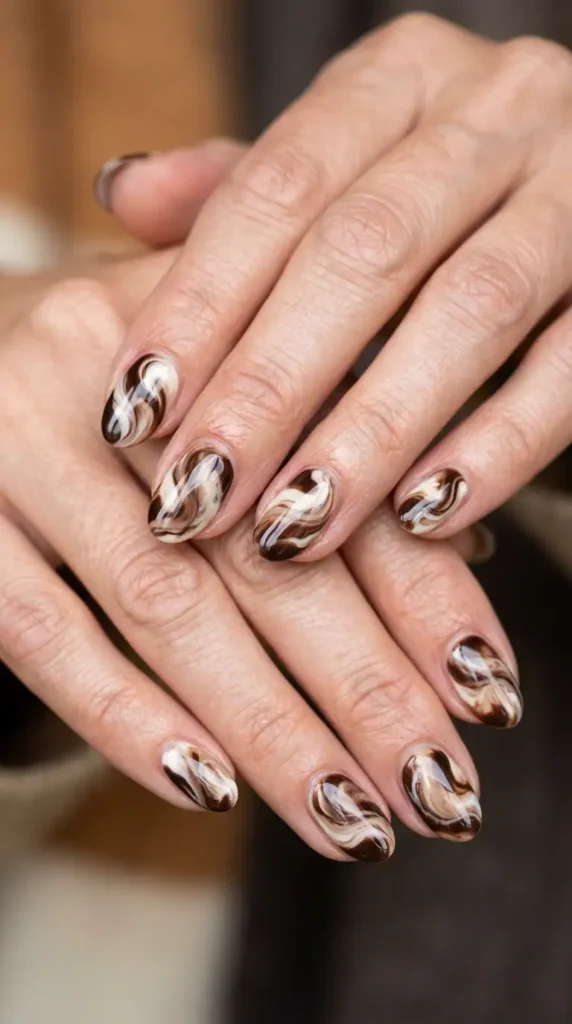 Espresso Brown and Cream Swirl Oval Nails