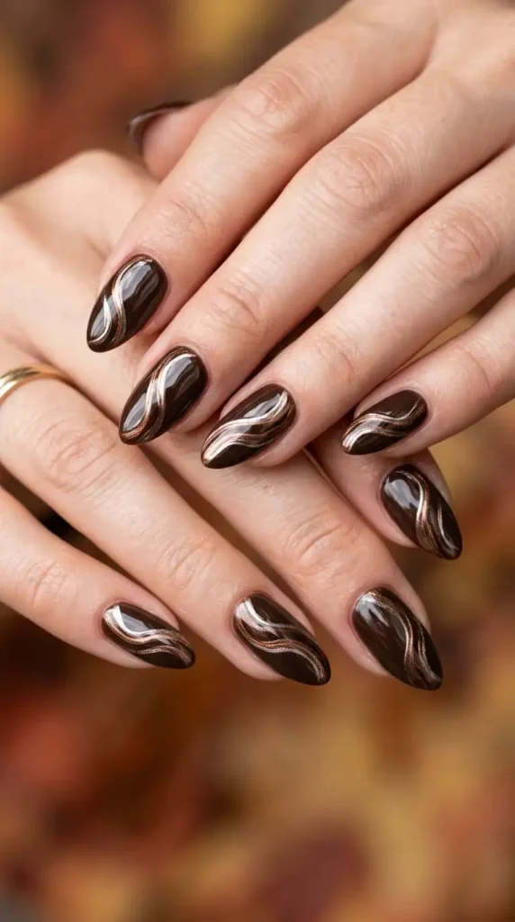 Espresso Nails with Metallic Swirls