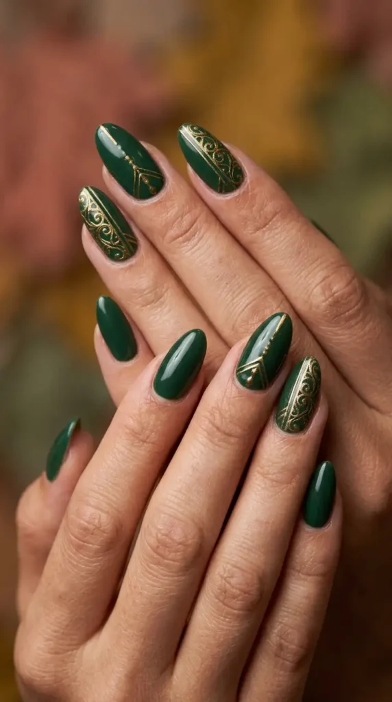 Forest Green and Antique Gold Nails