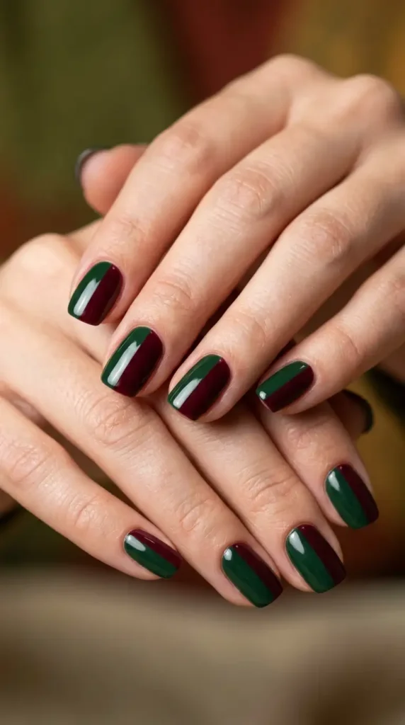  Forest Green and Burgundy Color-Block Nails