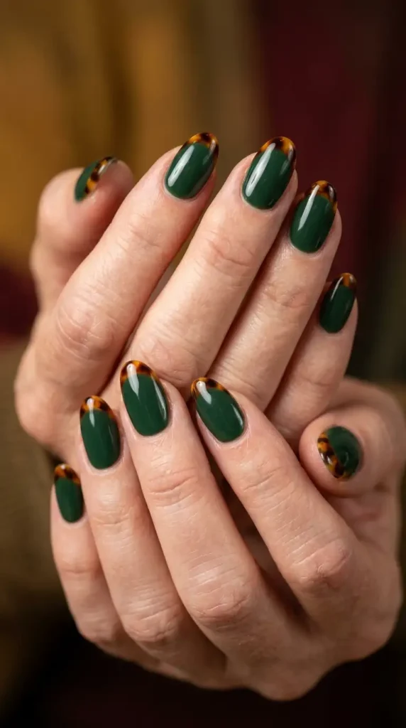 Forest Green and Tortoiseshell French Oval Nails