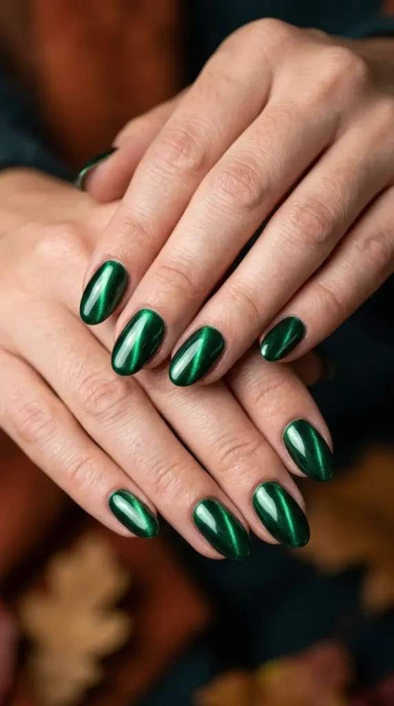 Forest Green Cat-Eye Chrome Nails