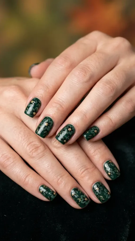 Forest Green Floral Nails