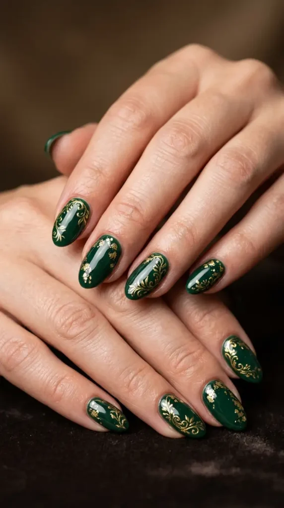 Forest Green Oval Nails with Gold Details