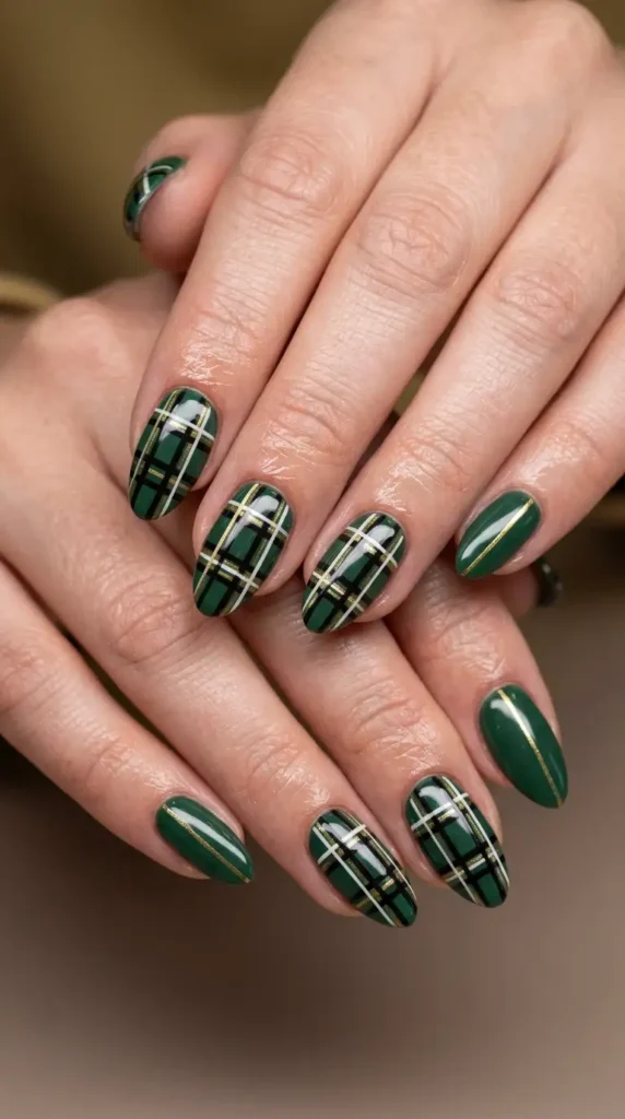 Forest Green Plaid Nails