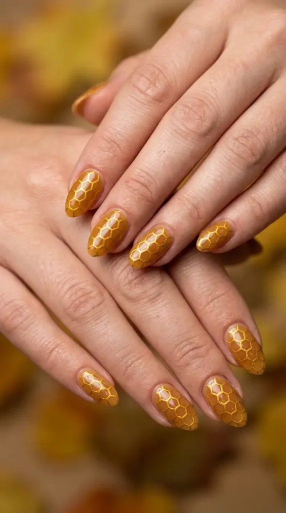 Golden Honeycomb Nail Art