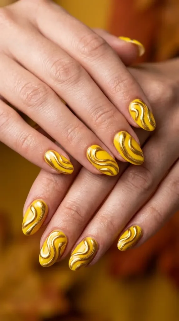 Golden Metallic Swirl Nails