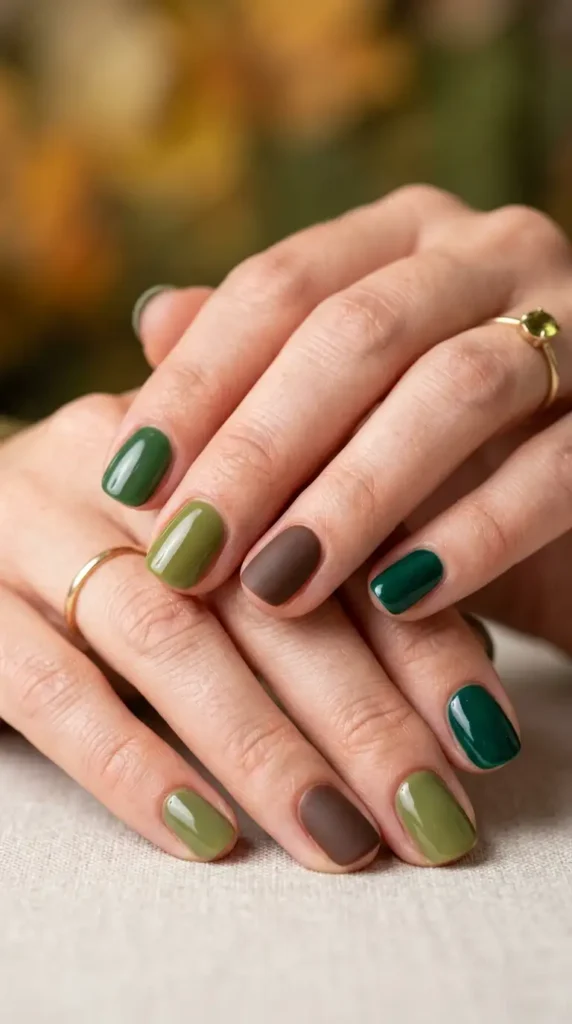 Green and Brown Autumn Mix-and-Match Nails