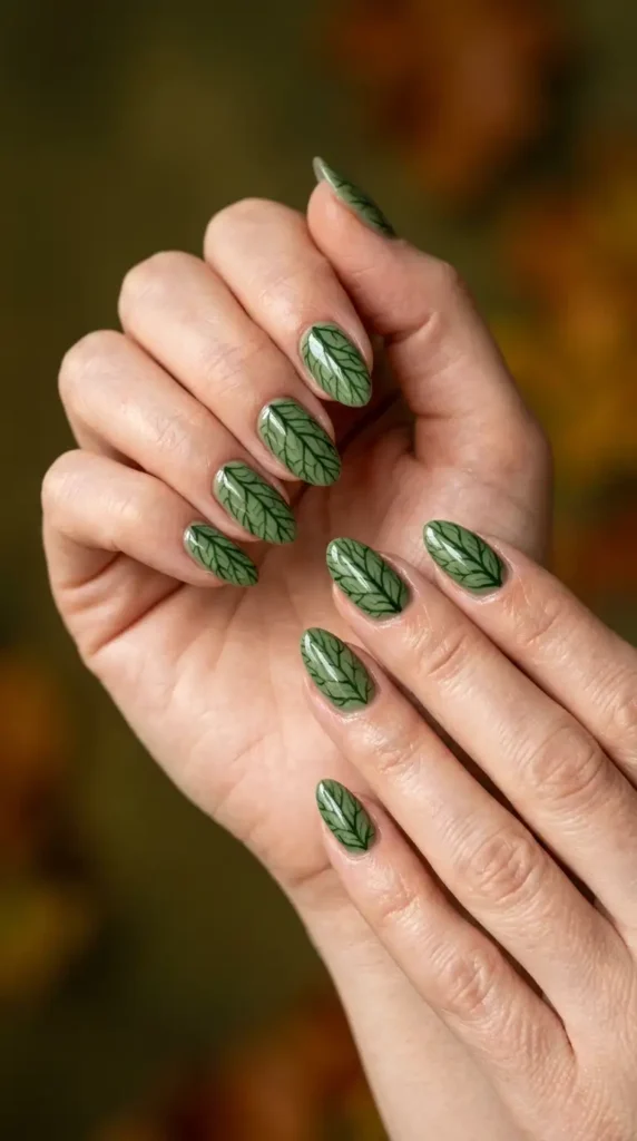 Green Leaf Vein Nail Art