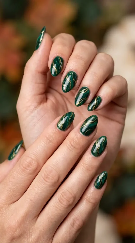 Hunter Green and Gold Marble Nails