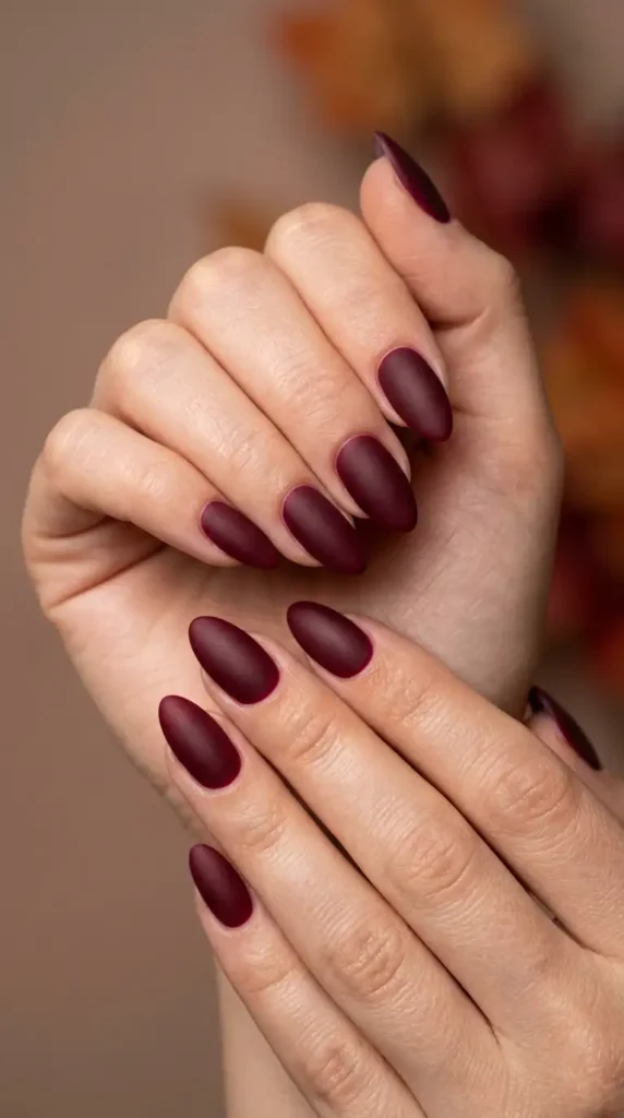 Matte Burgundy Almond Nails
