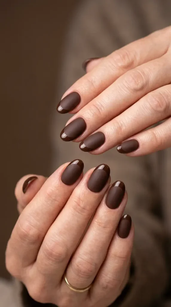 Matte Chocolate Oval Nails with Glossy Tips