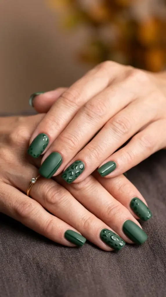 Matte Forest Green Nails with Glossy Details