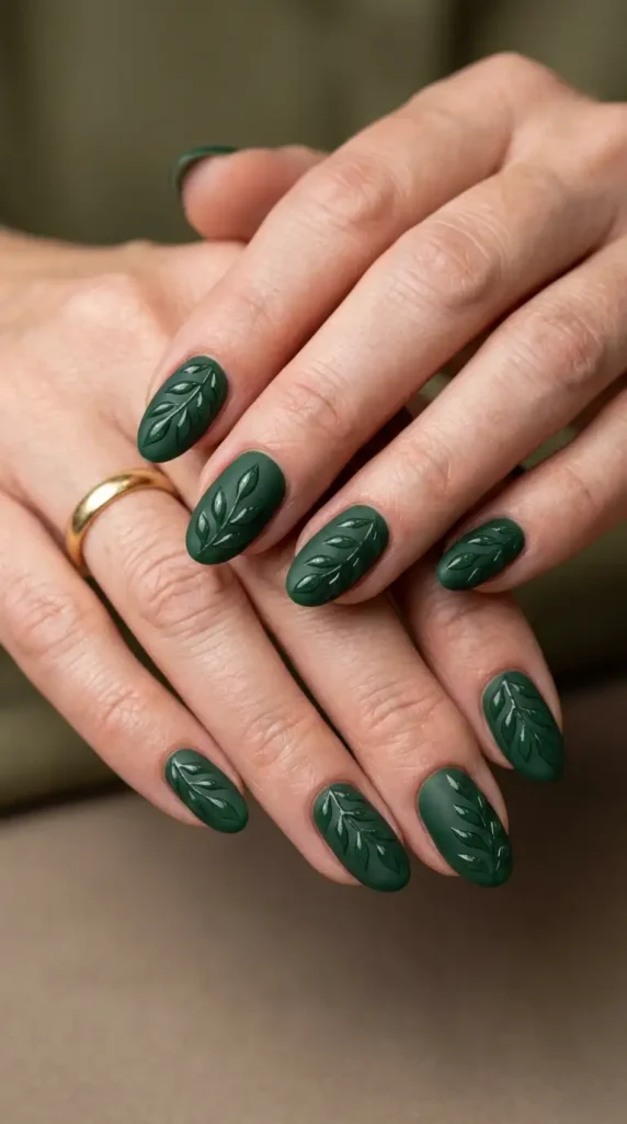 Matte Forest Green Oval Nails with Glossy Leaf Details