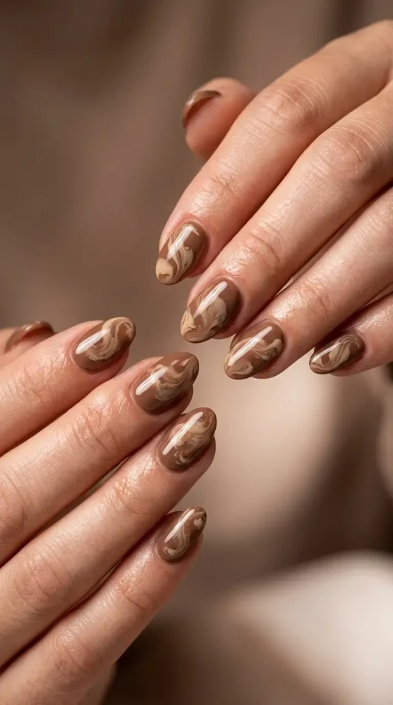 Mocha Brown Oval Nails with Cream Swirls